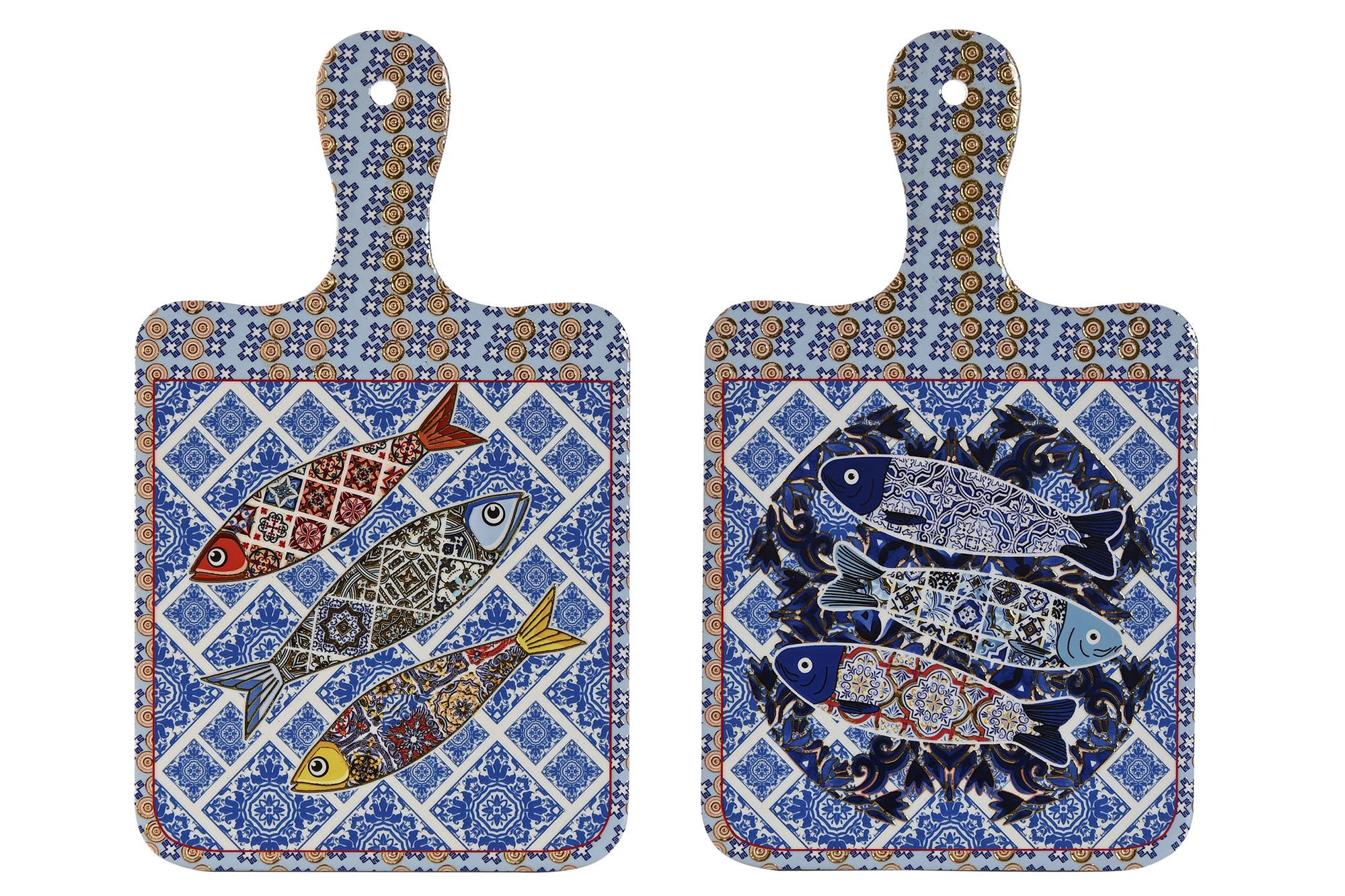 DKD Home Decor Salvamantel Atlantico Diseño Pez y Azulejo Colores Azul Naranja Amarillo Material Dolomita Corcho 25.5x15 cm (12 Unidades)