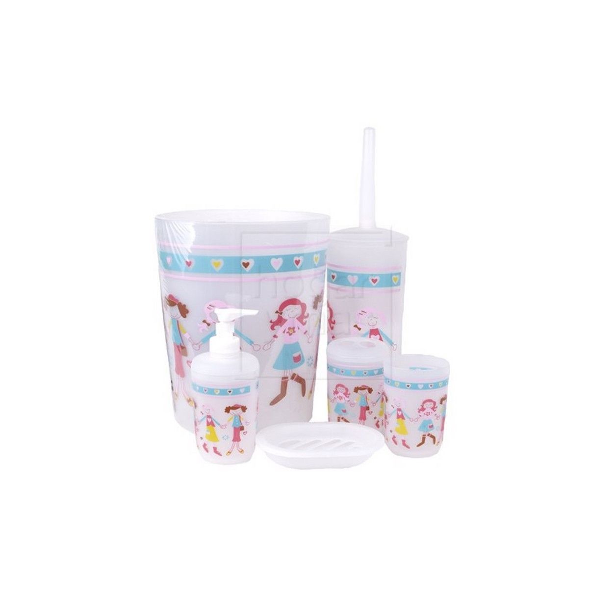 JUEGO DE BAÑO CON ESCOBILLERO, JABONERA, DOSIFICADOR, VASO Y PORTACEPILLOS