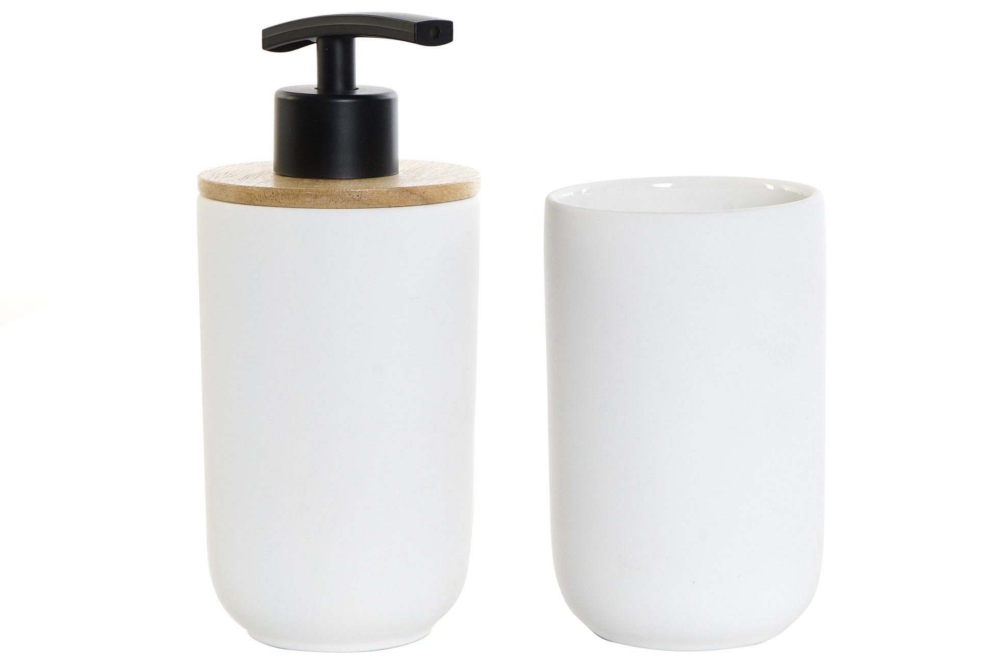DKD Home Decor Dosificador de Jabón Scandi Blanco Natural Set de 2, Gres y Bambú, para Baño Cocina, 8x18x8 cm