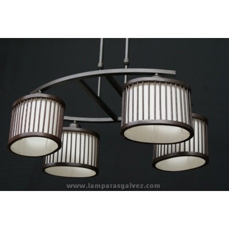 Lámpara Colgante Paralela Madera Marrón Pantallas de Rejilla 4 Luces
