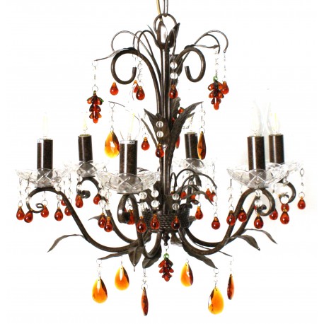 Lámpara Vintage forja Marrón 6L con abalorios cristal Ambar