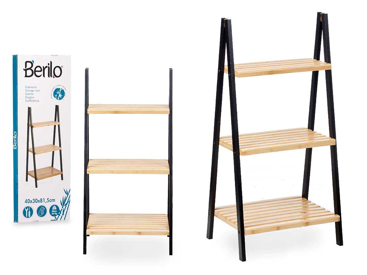 Berilo Estantería Escalera con 3 Estantes de Bambú y Madera Negra - 84 x 3.5 x 30 cm