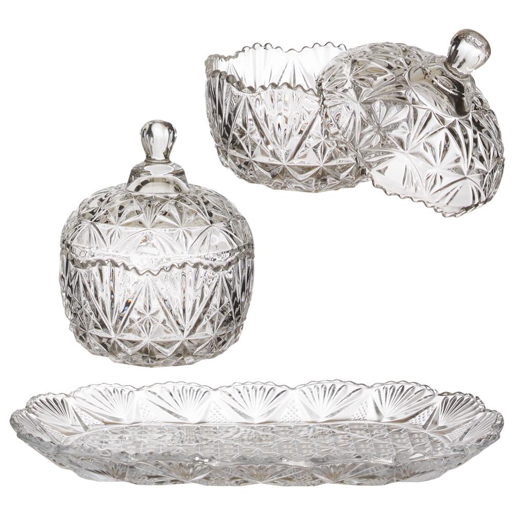 Home Deco Factory Juego de 2 Bomboneras con Bandeja, de Vidrio y Cristal