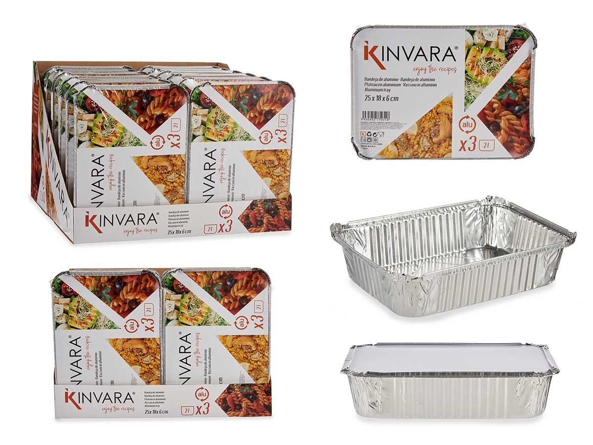 Kinvara Set de 3 Bandejas Hondas de Aluminio con Tapa, 25.5x19x6.5 cm, Apto para Horno (24 Unidades)
