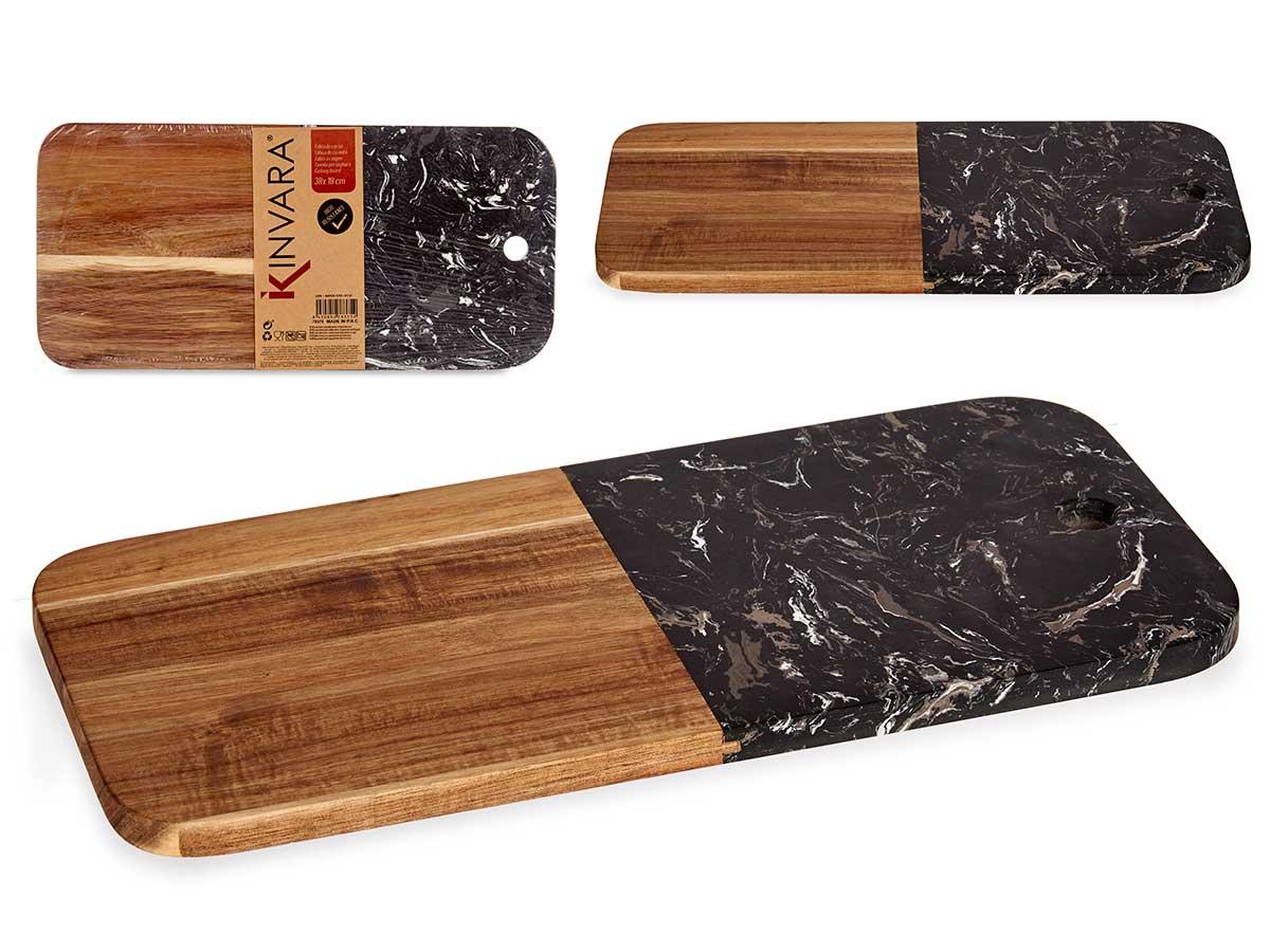 Kinvara Tabla de Cortar Madera y Mármol Negro 38 cm x 18 cm x 1.5 cm, Acacia (8 Unidades)