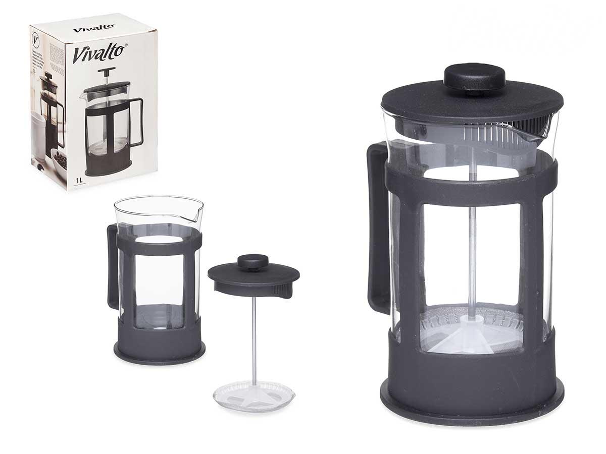 Vivalto Tetera de Vidrio y Plástico con Émbolo, Capacidad 1 Litro, Color Negro y Transparente, Medidas 14x21x10.7 cm (8 Unidades)