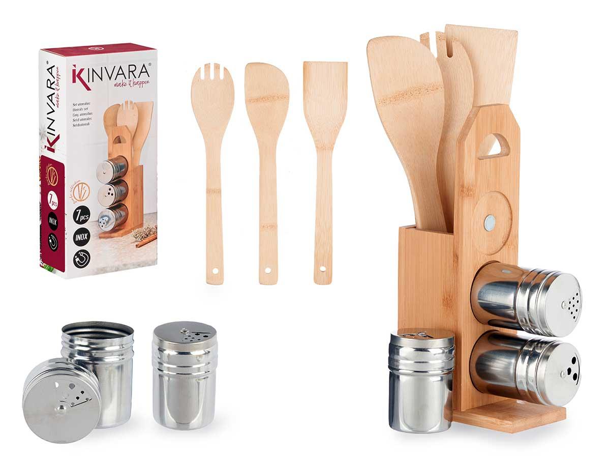 Kinvara Set de 7 Piezas de Bambú para Especias con Soporte, 15x32.5x7.5 cm (6 Unidades)