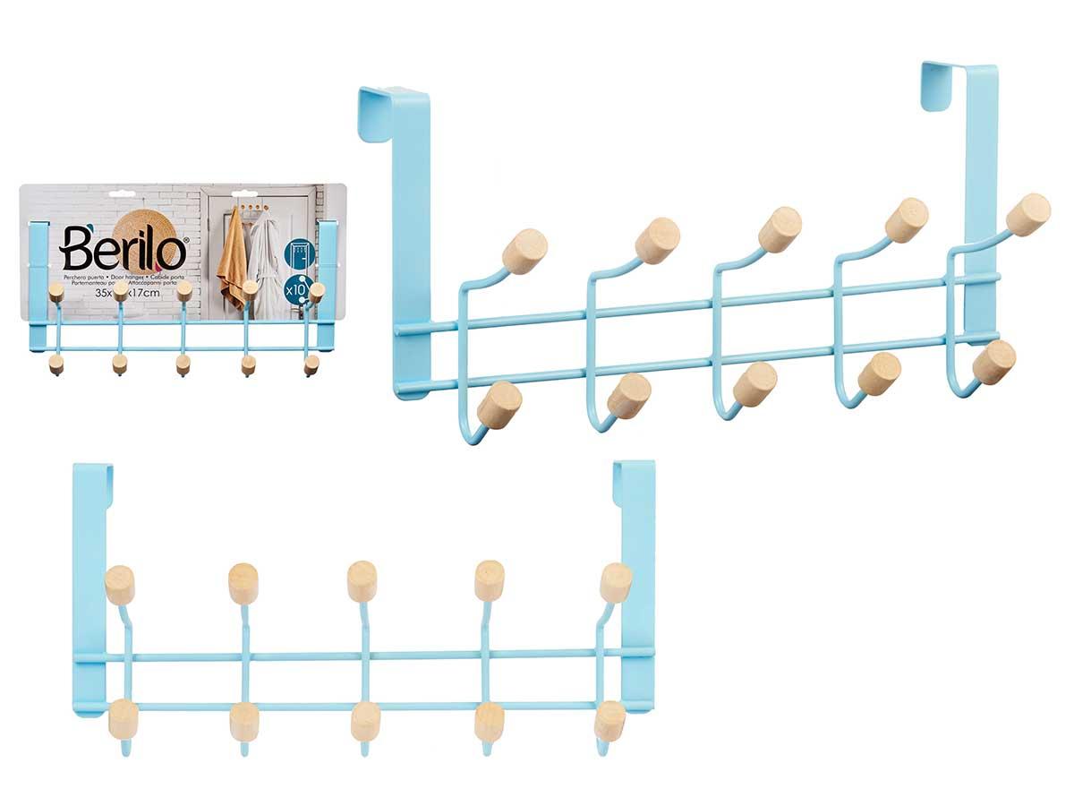 Berilo Percha de Metal con 10 Ganchos y Madera en Color Azul, 35x17x15 cm (6 Unidades)