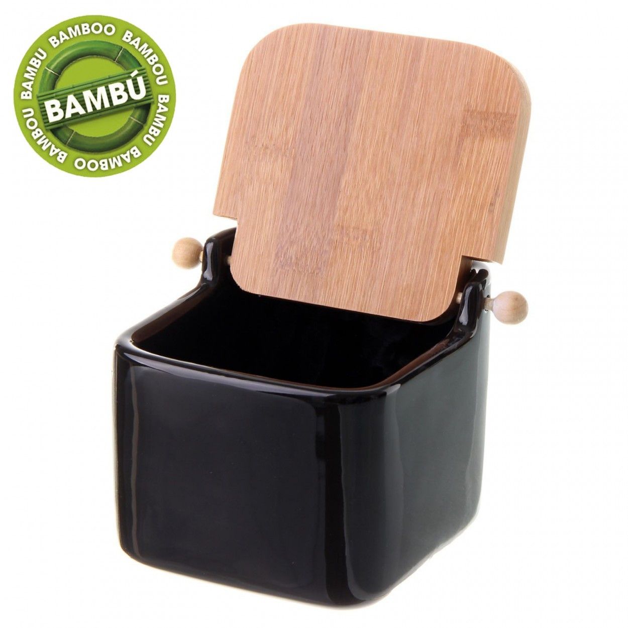 Salero cuadrado de cerámica con tapa de bambú.  Color negro