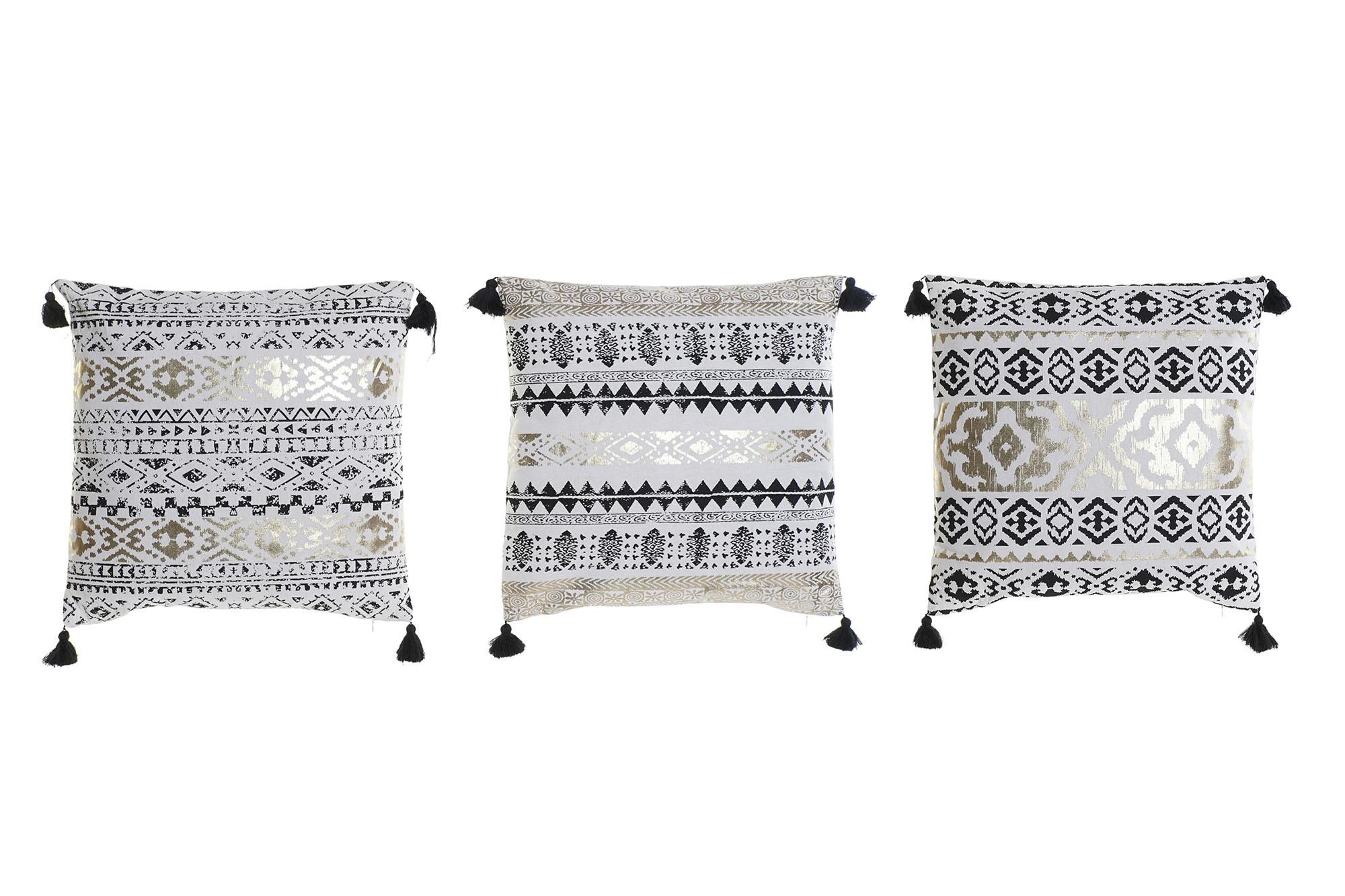 DKD Home Decor Cojín Boho de Poliéster y Lino Negro/Dorado con Pompom 45x45 cm (6 Unidades)
