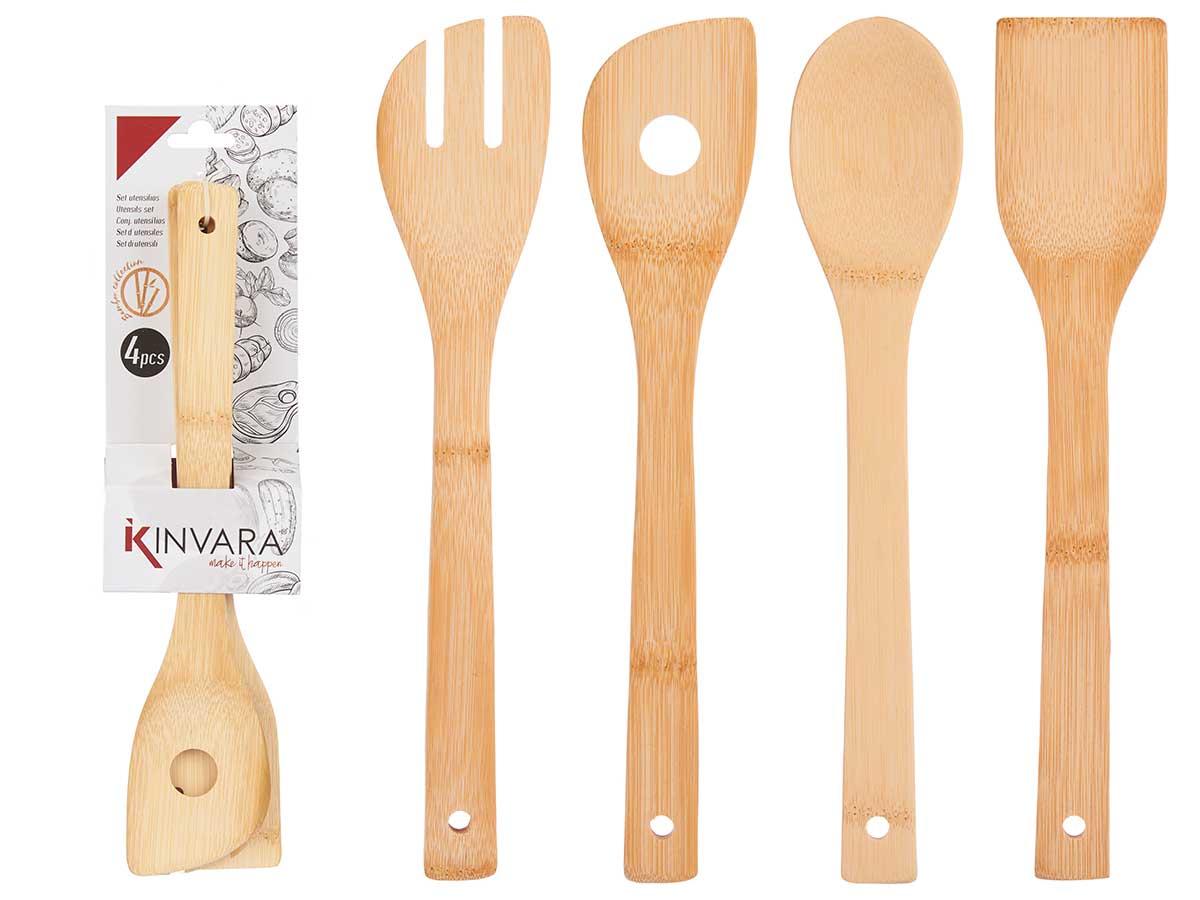 Kinvara Set de 4 Utensilios de Cocina de Bambú Color Marrón. Utensilios de 30 x 6 x 0.7 cm, set 8.5 x 34.5 x 3.8 cm. (12 Unidades)