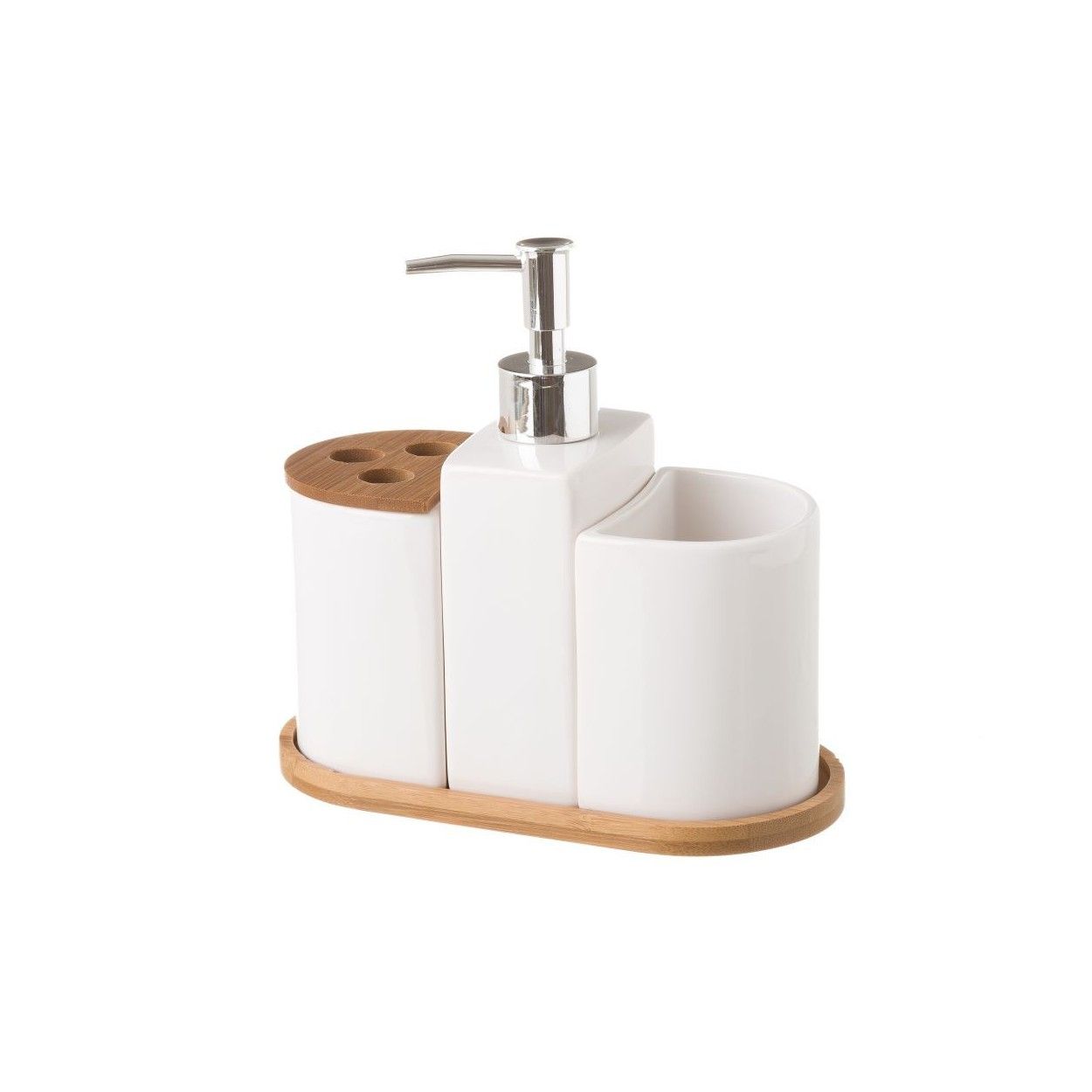 *TARA* Juego de Baño de 3 Piezas, realizado en Cerámica y Bambú, de color Blanco. Diseño Limpio, con estilo Minimalista