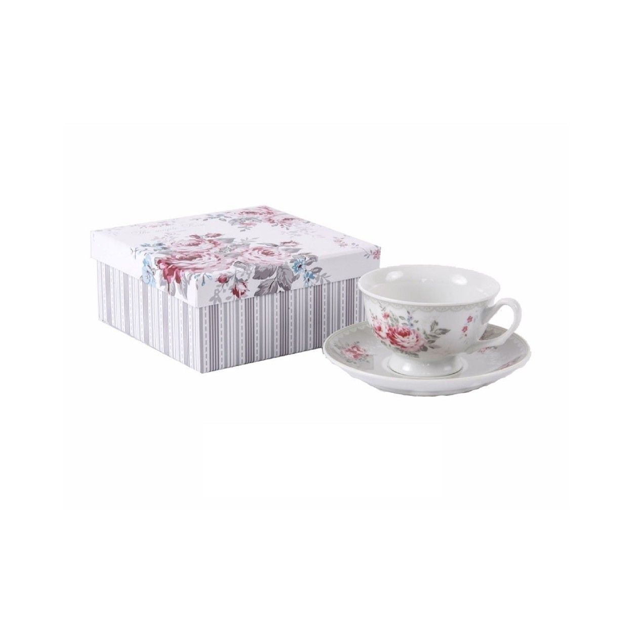 Taza y plato de porcelana con caja de regalo - Modelo rosas