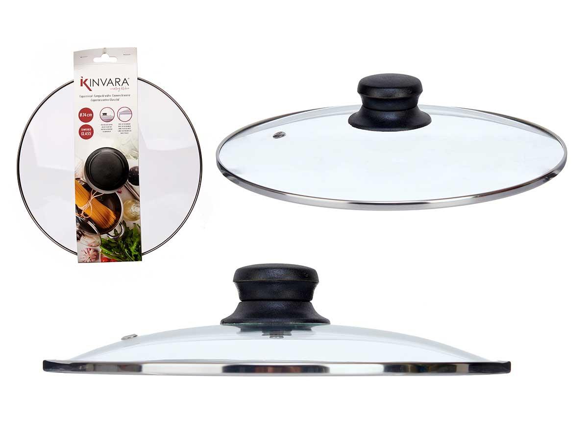 Kinvara Tapa de Cristal Transparente de 24 cm con Filo Plata de Acero Inoxidable SS 201 (12 Unidades)