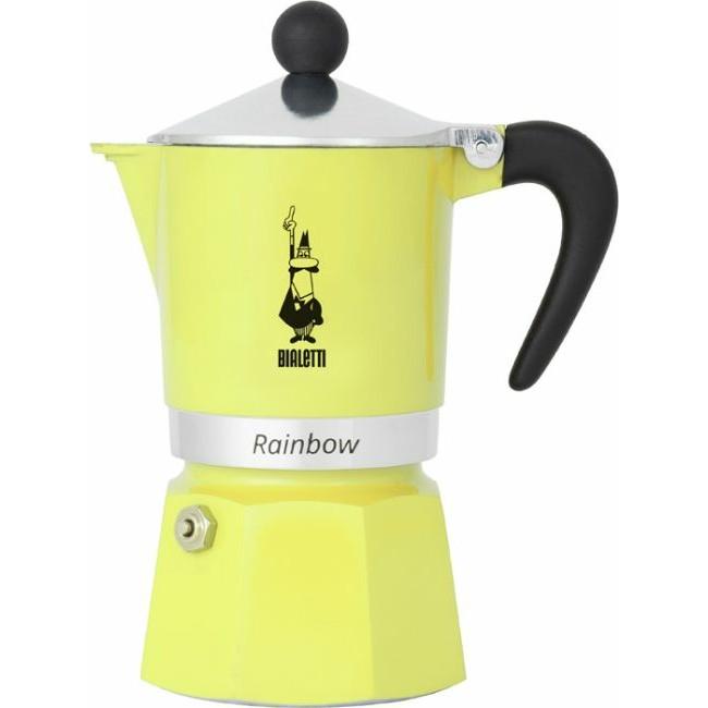 Bialetti 6537 Cafetera italiana Rainbow de aluminio, 3 tazas, 0.13L, Negro, Plata y Amarillo